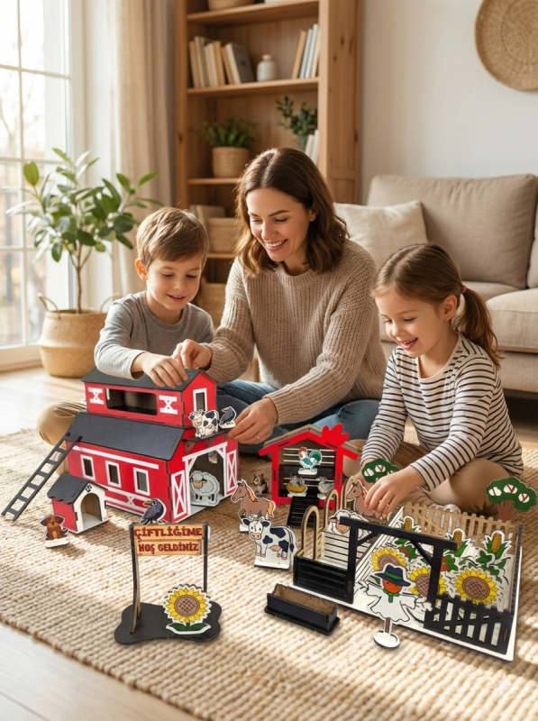 Çiftlik Oyun Seti – Doğal Ahşap Puzzle DIY Kendin Yap Hayvan Figürlü Eğitici ve Eğlenceli Oyuncak