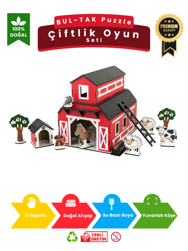 Çiftlik Oyun Seti – Doğal Ahşap Puzzle DIY Kendin Yap Hayvan Figürlü Eğitici ve Eğlenceli Oyuncak