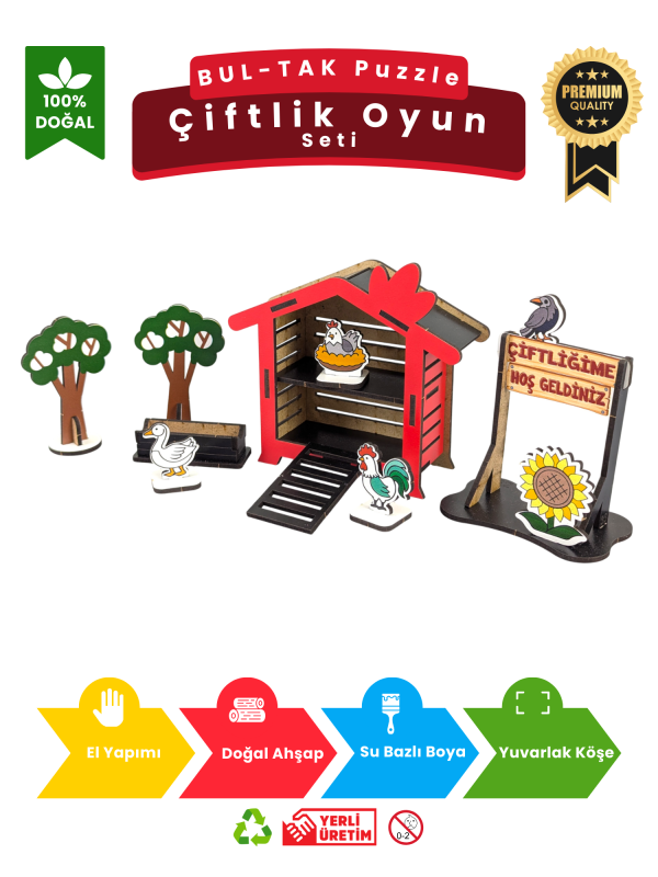 Çiftlik Oyun Seti – Doğal Ahşap Puzzle DIY Kendin Yap Hayvan Figürlü Eğitici ve Eğlenceli Oyuncak