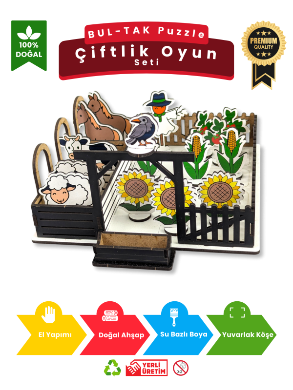 Çiftlik Oyun Seti – Doğal Ahşap Puzzle DIY Kendin Yap Hayvan Figürlü Eğitici ve Eğlenceli Oyuncak