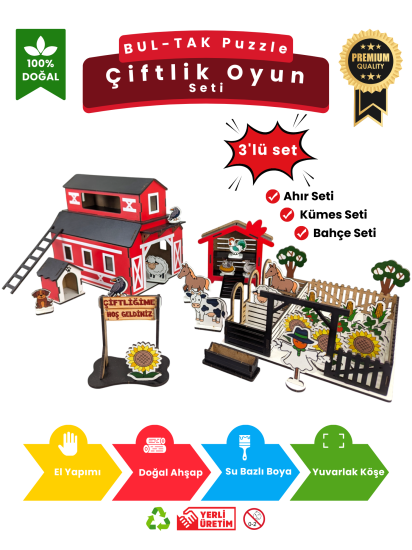 Çiftlik Oyun Seti – Doğal Ahşap Puzzle DIY Kendin Yap Hayvan Figürlü Eğitici ve Eğlenceli Oyuncak