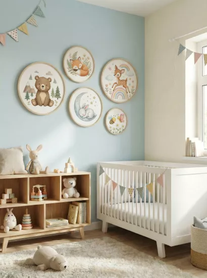 Balatoyz - Montessori Çocuk Odası Tablosu – Sevimli Hayvanlar Yuvarlak Tablo Set – Ahşap Çerçeveli Dekoratif Bebek / Çocuk Odası Duvar Tablosu