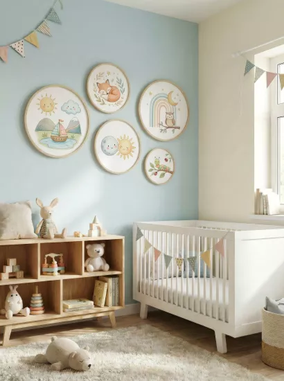 Balatoyz - Montessori Çocuk Odası Tablosu –  Sevimli Yuvarlak Tablo Set – Ahşap Çerçeveli Dekoratif Bebek / Çocuk Odası Duvar Tablosu