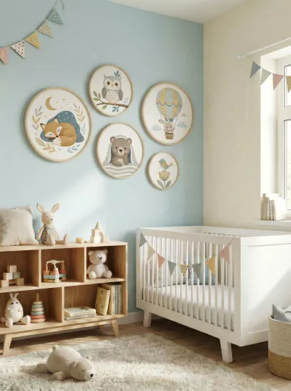 Balatoyz - Montessori Çocuk Odası Tablosu –  Uyku Yuvarlak Tablo Set – Ahşap Çerçeveli Dekoratif Bebek / Çocuk Odası Duvar Tablosu