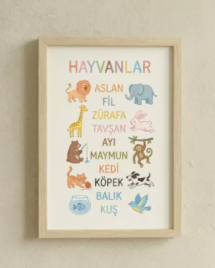 Balatoyz - Montessori Çocuk Odası Tablosu – Hayvanlar – Ahşap Çerçeveli Dekoratif Bebek / Çocuk Odası Duvar Tablosu