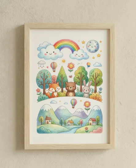 Balatoyz - Montessori Çocuk Odası Tablosu – Sevimli Hayvanlar – Ahşap Çerçeveli Dekoratif Bebek / Çocuk Odası Duvar Tablosu