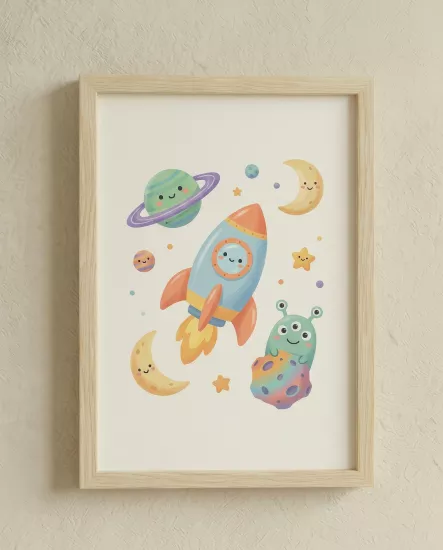 Balatoyz - Montessori Çocuk Odası Tablosu – Uzay Gemisi – Ahşap Çerçeveli Dekoratif Bebek / Çocuk Odası Duvar Tablosu