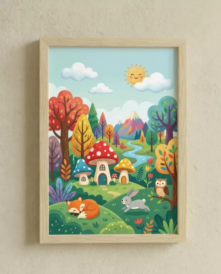 Balatoyz - Montessori Çocuk Odası Tablosu – Renkli Mantarlar – Ahşap Çerçeveli Dekoratif Bebek / Çocuk Odası Duvar Tablosu