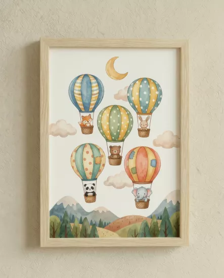 Balatoyz - Montessori Çocuk Odası Tablosu – Balonla Yolculuk – Ahşap Çerçeveli Dekoratif Bebek / Çocuk Odası Duvar Tablosu