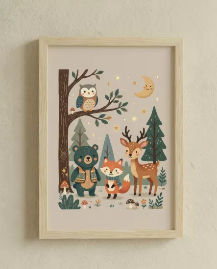 Balatoyz - Montessori Çocuk Odası Tablosu – Ormanda Gece – Ahşap Çerçeveli Dekoratif Bebek / Çocuk Odası Duvar Tablosu﻿