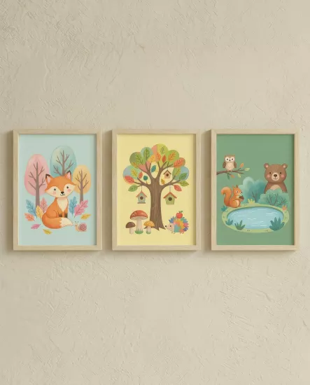 Balatoyz - Montessori Çocuk Odası Tablosu – Doğa Temalı 3’lü Tablo – Ahşap Çerçeveli Dekoratif Bebek / Çocuk Odası Duvar Tablosu