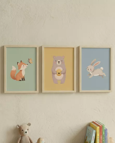 Balatoyz - Montessori Çocuk Odası Tablosu – Sevimli Hayvanlar Temalı 3’lü Tablo – Ahşap Çerçeveli Dekoratif Bebek / Çocuk Odası Duvar Tablosu