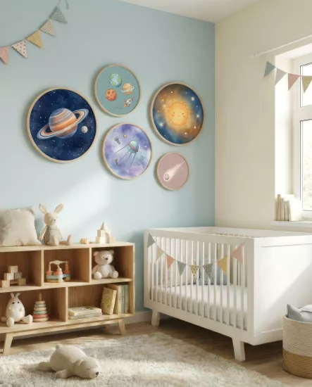 Balatoyz - Montessori Çocuk Odası Tablosu –  Uzay Temalı Yuvarlak Tablo Set – Ahşap Çerçeveli Dekoratif Bebek / Çocuk Odası Duvar Tablosu