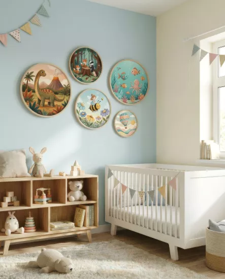 Balatoyz - Montessori Çocuk Odası Tablosu –  Temalı Yuvarlak Tablo Set – Ahşap Çerçeveli Dekoratif Bebek / Çocuk Odası Duvar Tablosu