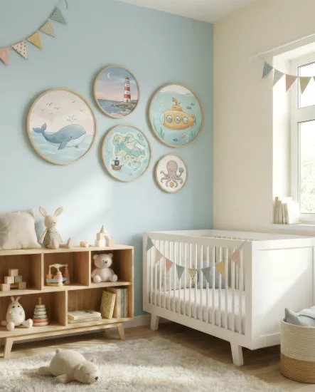 Balatoyz - Montessori Çocuk Odası Tablosu –  Deniz Temalı Yuvarlak Tablo Set – Ahşap Çerçeveli Dekoratif Bebek / Çocuk Odası Duvar Tablosu