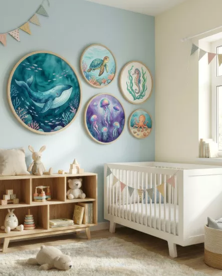 Balatoyz - Montessori Çocuk Odası Tablosu –  Deniz Canlıları Yuvarlak Tablo Set – Ahşap Çerçeveli Dekoratif Bebek / Çocuk Odası Duvar Tablosu