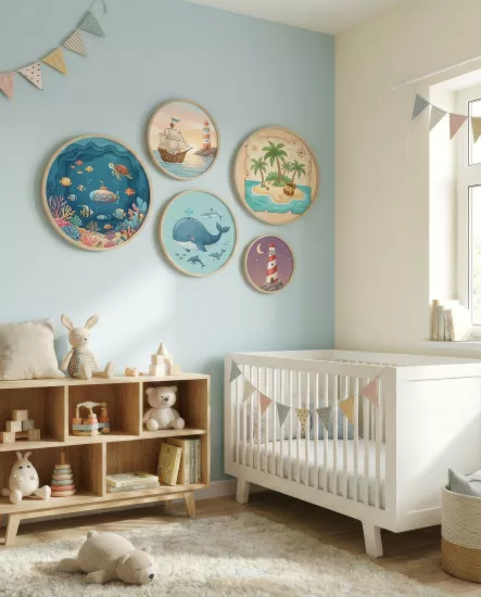 Balatoyz - Montessori Çocuk Odası Tablosu –  Adada Yaşam Yuvarlak Tablo Set – Ahşap Çerçeveli Dekoratif Bebek / Çocuk Odası Duvar Tablosu