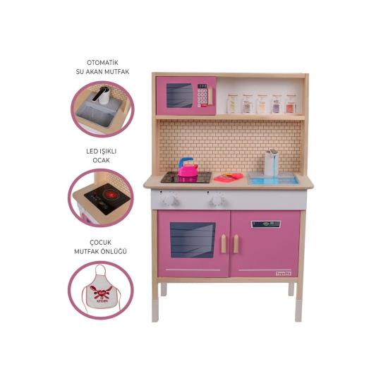 T1032 AHŞAP SU AKAN MUSLUKLU VE LEDLİ ÇOCUK MUTFAĞI PEMBE